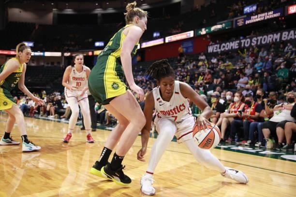 Ariel Atkins of the Washington Mystics handles the ball against the Seattle Storm on September 7, 2021 at the Angel of the Winds Arena, in Everett,...