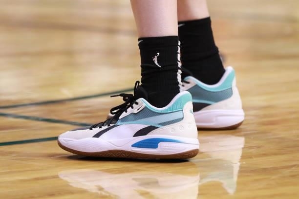 The sneakers worn by Breanna Stewart of the Seattle Storm during the game against the Washington Mystics on September 7, 2021 at the Angel of the...