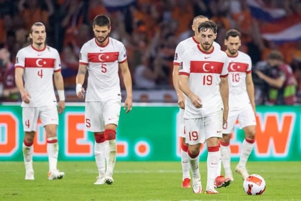 Caglar Soyuncu of Turkey, Okay Yokuslu of Turkey, Orkun Kokcu of Turkey, Hakan Calhanoglu of Turkey look dejected during the 2022 FIFA World Cup...