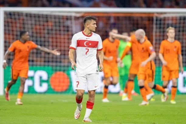 Cengiz Under of Turkey looks dejected during the 2022 FIFA World Cup Qualifier match between Netherlands and Turkey at Johan Cruijff Arena on...