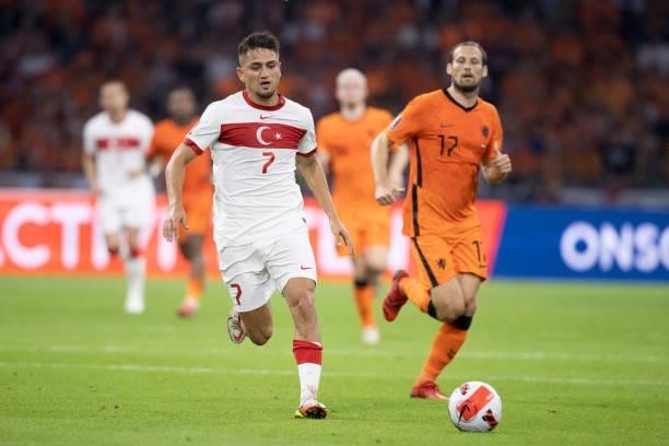 Cengiz Under of Turkey Controls the ball during the 2022 FIFA World Cup Qualifier match between Netherlands and Turkey at Johan Cruijff Arena on...