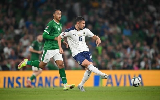 Dublin , Ireland - 7 September 2021; Milo Veljkovi of Serbia in action against Adam Idah of Republic of Ireland during the FIFA World Cup 2022...
