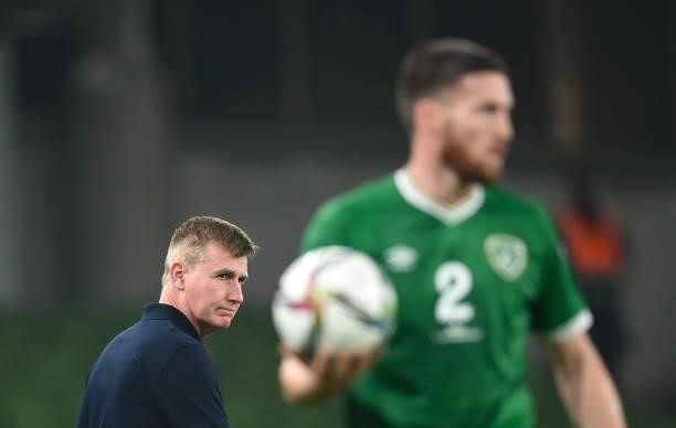Dublin , Ireland - 7 September 2021; Republic of Ireland manager Stephen Kenny and Matt Doherty during the FIFA World Cup 2022 qualifying group A...