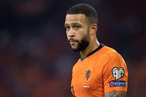 Memphis Depay of Netherlands looks on during the 2022 FIFA World Cup Qualifier match between Netherlands and Turkey at Johan Cruijff Arena on...