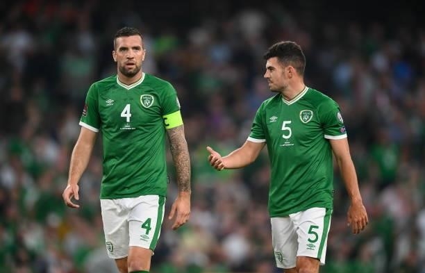 Dublin , Ireland - 7 September 2021; John Egan, right, and Shane Duffy of Republic of Ireland during the FIFA World Cup 2022 qualifying group A match...