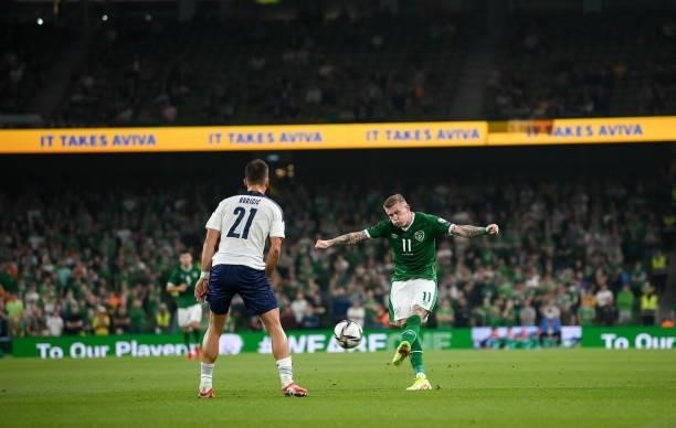 Dublin , Ireland - 7 September 2021; James McClean of Republic of Ireland in action against Filip Djurii of Serbia during the FIFA World Cup 2022...
