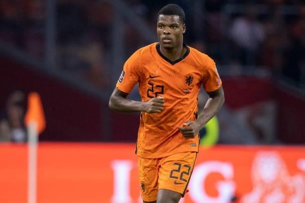 Denzel Dumfries of Netherlands looks on during the 2022 FIFA World Cup Qualifier match between Netherlands and Turkey at Johan Cruijff Arena on...