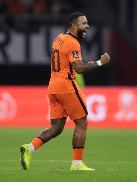 Memphis Depay of Holland during the World Cup Qualifier match between Holland v Turkey at the Johan Cruijff Arena on September 7, 2021 in Amsterdam...