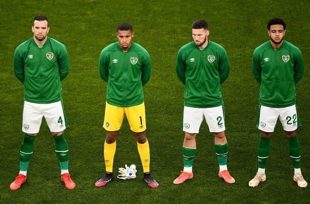Dublin , Ireland - 7 September 2021; Republic of Ireland players, from left, Shane Duffy, Gavin Bazunu, Matt Doherty and Andrew Omobamidele before...