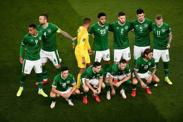Dublin , Ireland - 7 September 2021; Republic of Ireland players break from the team photo before the FIFA World Cup 2022 qualifying group A match...