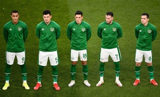 Dublin , Ireland - 7 September 2021; Republic of Ireland players, from left, Adam Idah, John Egan, Jamie McGrath, Alan Browne and Josh Cullen before...