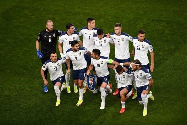 Dublin , Ireland - 7 September 2021; Serbia players break from the team photo before the FIFA World Cup 2022 qualifying group A match between...