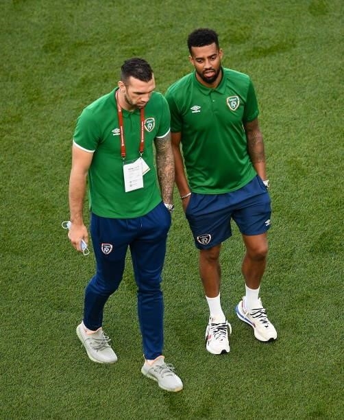 Dublin , Ireland - 7 September 2021; Shane Duffy, left, and Cyrus Christie of Republic of Ireland before the FIFA World Cup 2022 qualifying group A...