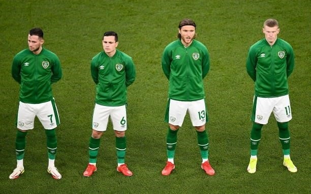 Dublin , Ireland - 7 September 2021; Republic of Ireland players, from left, Alan Browne, Josh Cullen, Jeff Hendrick and James McClean before the...