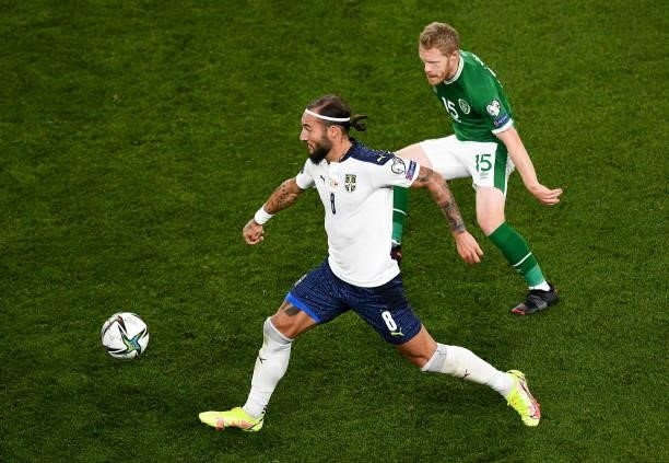 Dublin , Ireland - 7 September 2021; Nemanja Gudelj of Serbia and Daryl Horgan of Republic of Ireland during the FIFA World Cup 2022 qualifying group...