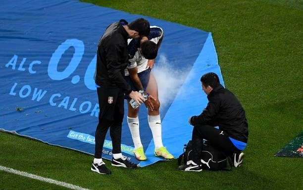Dublin , Ireland - 7 September 2021; Aleksandar Mitrovi of Serbia recieves medical attention during the FIFA World Cup 2022 qualifying group A match...