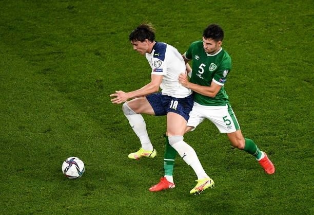 Dublin , Ireland - 7 September 2021; Duan Vlahovi of Serbia and John Egan of Republic of Ireland during the FIFA World Cup 2022 qualifying group A...