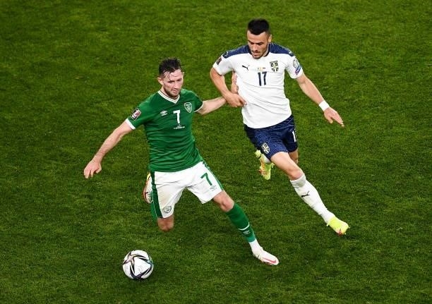 Dublin , Ireland - 7 September 2021; Alan Browne of Republic of Ireland and Filip Kosti of Serbia during the FIFA World Cup 2022 qualifying group A...