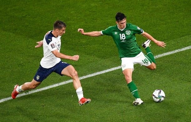 Dublin , Ireland - 7 September 2021; Jamie McGrath of Republic of Ireland and Filip Djurii of Serbia during the FIFA World Cup 2022 qualifying group...