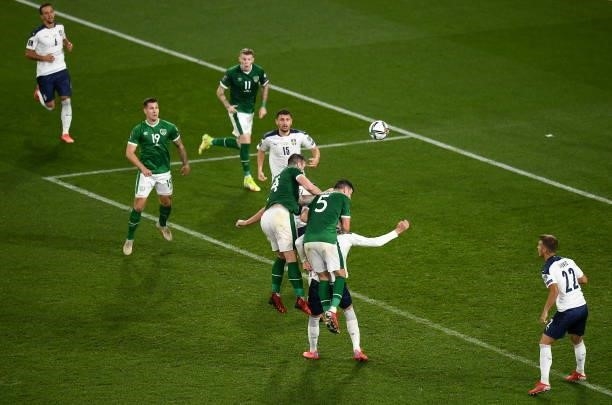 Dublin , Ireland - 7 September 2021; Shane Duffy of Republic of Ireland has a header on goal during the FIFA World Cup 2022 qualifying group A match...