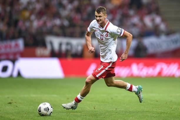Pawel Dawidowicz of Poland in action during 2022 FIFA World Cup Qualifier match between Poland and England at Stadion Narodowy on September 8, 2021...