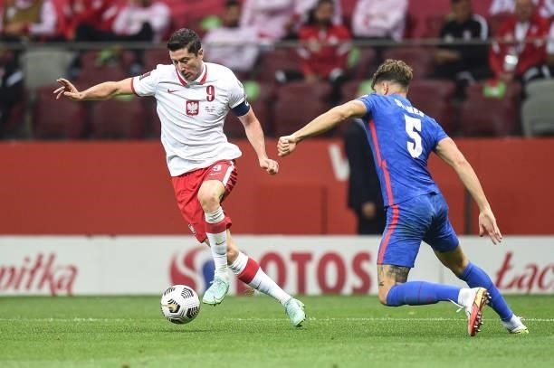 Robert Lewandowski of Poland in action during 2022 FIFA World Cup Qualifier match between Poland and England at Stadion Narodowy on September 8, 2021...
