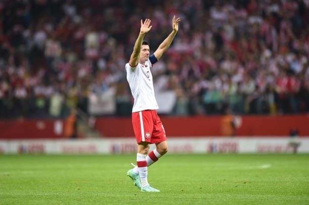 Robert Lewandowski of Poland celebrates with their fans during 2022 FIFA World Cup Qualifier match between Poland and England at Stadion Narodowy on...