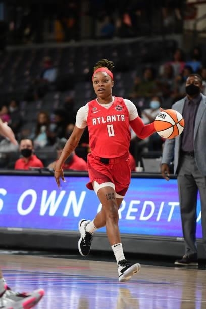 Odyssey Sims of the Atlanta Dream drives to the basket during the game against the Phoenix Mercury on September 8, 2021 at Gateway Center Arena in...