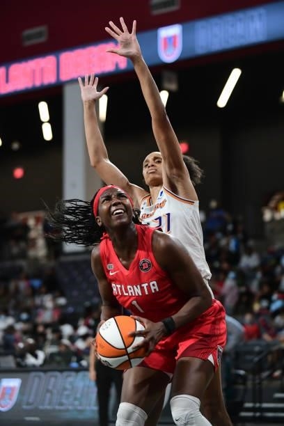 Elizabeth Williams of the Atlanta Dream drives to the basket during the game against the Phoenix Mercury on September 8, 2021 at Gateway Center Arena...