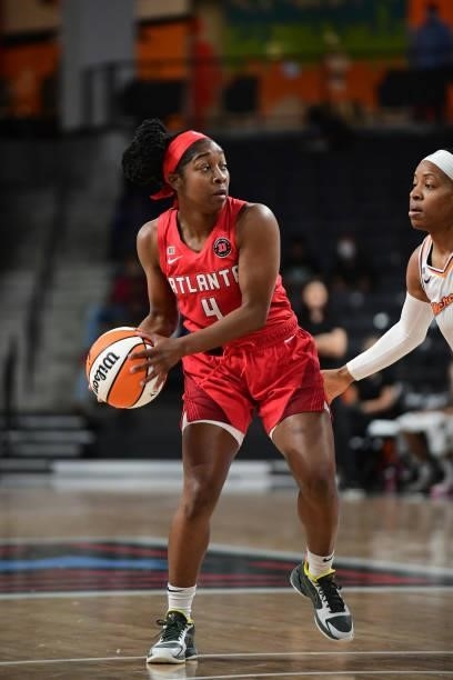Aari McDonald of the Atlanta Dream looks to pass the ball during the game against the Phoenix Mercury on September 8, 2021 at Gateway Center Arena in...