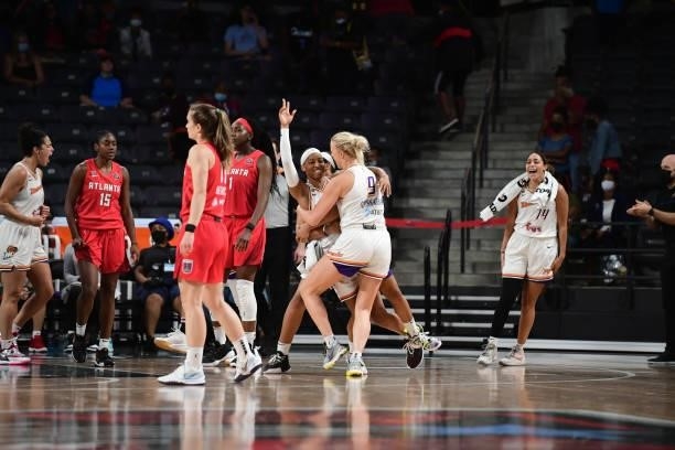 Shey Peddy and Sophie Cunningham of the Phoenix Mercury celebrate a win against the Atlanta Dream on September 8, 2021 at Gateway Center Arena in...