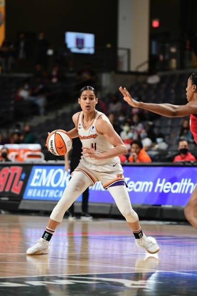 Skylar Diggins-Smith of the Phoenix Mercury dribbles the ball during the game against the Atlanta Dream on September 8, 2021 at Gateway Center Arena...