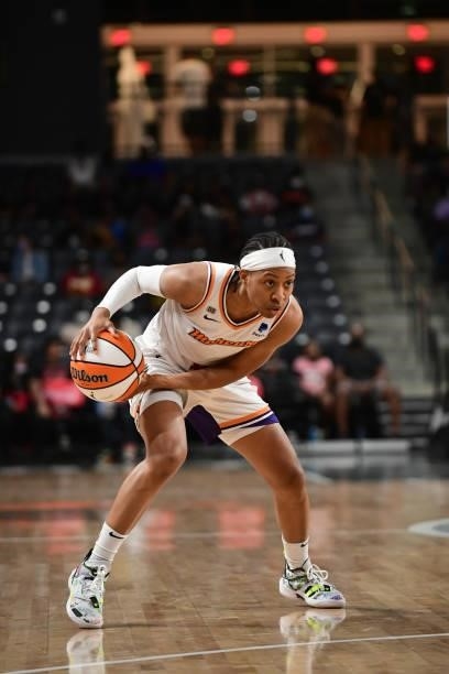 Shey Peddy of the Phoenix Mercury looks to pass the ball during the game against the Atlanta Dream on September 8, 2021 at Gateway Center Arena in...