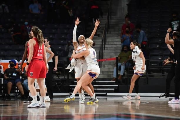 Shey Peddy and Sophie Cunningham of the Phoenix Mercury celebrate a win against the Atlanta Dream on September 8, 2021 at Gateway Center Arena in...