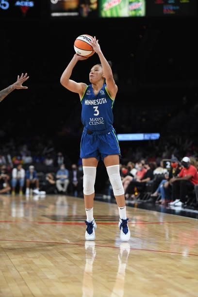 Aerial Powers of the Minnesota Lynx shoots the ball against the Las Vegas Aces on September 8, 2021 at the Michelob ULTRA Arena in Las Vegas, Nevada....