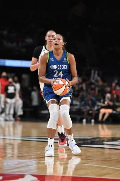 Napheesa Collier of the Minnesota Lynx looks to shoot the ball during the game against the Las Vegas Aces on September 8, 2021 at the Michelob ULTRA...
