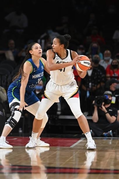 Kiah Stokes of the Las Vegas Aces handles the ball against the Minnesota Lynx on September 8, 2021 at the Michelob ULTRA Arena in Las Vegas, Nevada....