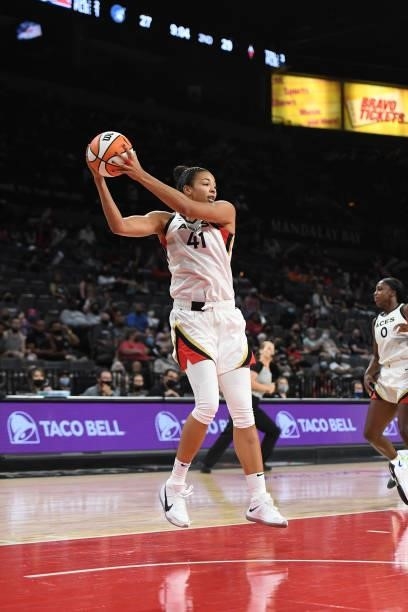Kiah Stokes of the Las Vegas Aces rebounds the ball during the game against the Minnesota Lynx on September 8, 2021 at the Michelob ULTRA Arena in...