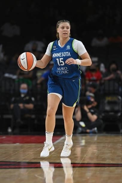 Rachel Banham of the Minnesota Lynx dribbles the ball during the game against the Las Vegas Aces on September 8, 2021 at the Michelob ULTRA Arena in...