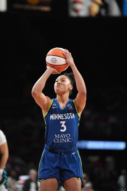 Aerial Powers of the Minnesota Lynx shoots a free throw against the Las Vegas Aces on September 8, 2021 at the Michelob ULTRA Arena in Las Vegas,...