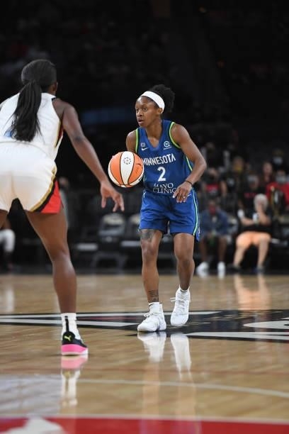 Crystal Dangerfield of the Minnesota Lynx handles the ball during the game against the Las Vegas Aces on September 8, 2021 at the Michelob ULTRA...