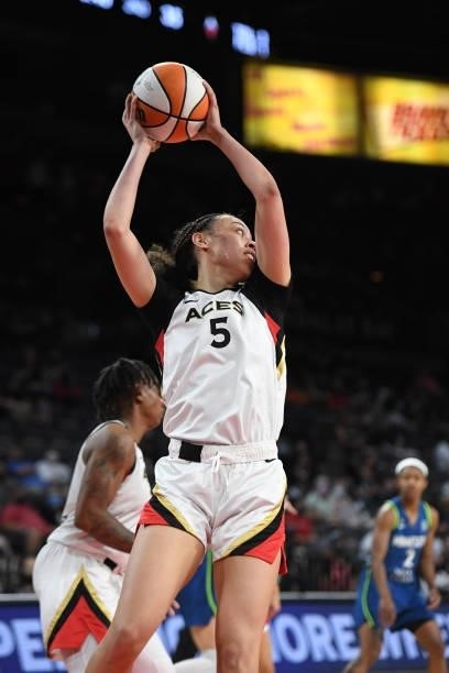 Dearica Hamby of the Las Vegas Aces rebounds the ball during the game against the Minnesota Lynx on September 8, 2021 at the Michelob ULTRA Arena in...