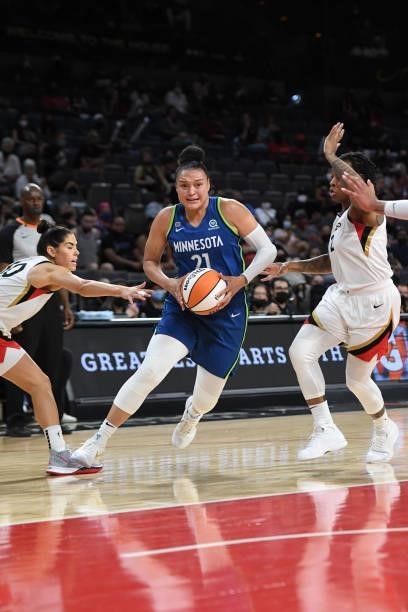 Kayla McBride of the Minnesota Lynx drives to the basket against the Las Vegas Aces on September 8, 2021 at the Michelob ULTRA Arena in Las Vegas,...