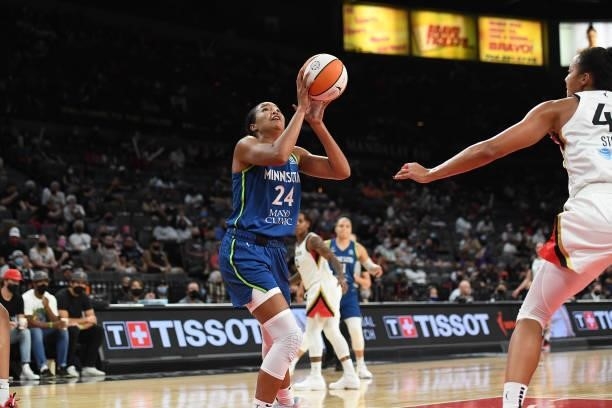 Napheesa Collier of the Minnesota Lynx drives to the basket against the Las Vegas Aces on September 8, 2021 at the Michelob ULTRA Arena in Las Vegas,...