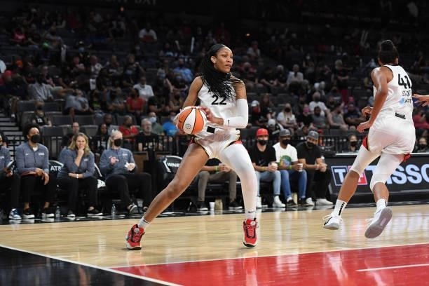 Ja Wilson of the Las Vegas Aces handles the ball during the game against the Minnesota Lynx on September 8, 2021 at the Michelob ULTRA Arena in Las...