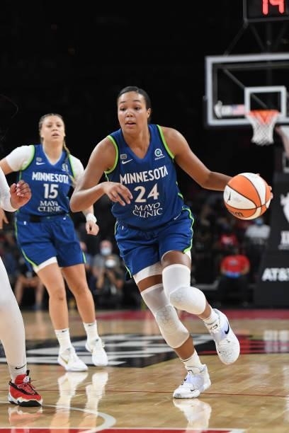 Napheesa Collier of the Minnesota Lynx handles the ball during the game against the Las Vegas Aces on September 8, 2021 at the Michelob ULTRA Arena...