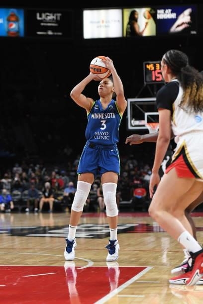 Aerial Powers of the Minnesota Lynx shoots the ball against the Las Vegas Aces on September 8, 2021 at the Michelob ULTRA Arena in Las Vegas, Nevada....