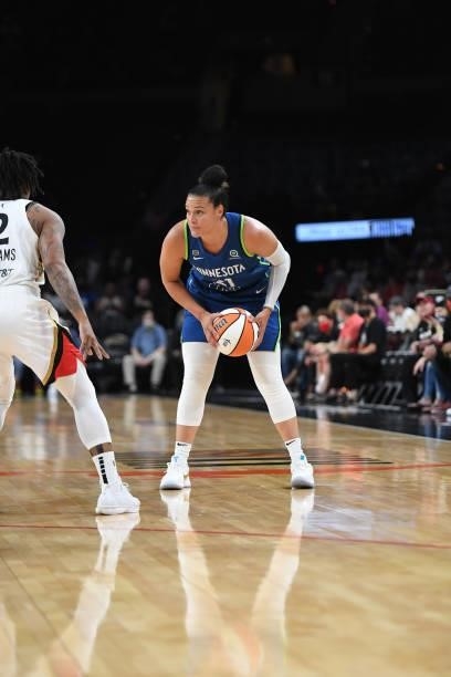 Kayla McBride of the Minnesota Lynx handles the ball during the game against the Las Vegas Aces on September 8, 2021 at the Michelob ULTRA Arena in...