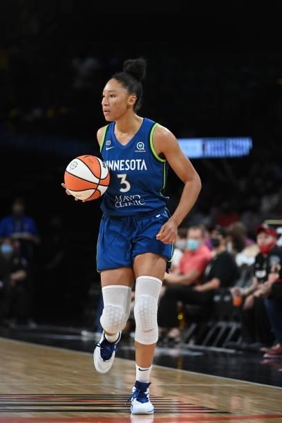 Aerial Powers of the Minnesota Lynx handles the ball during the game against the Las Vegas Aces on September 8, 2021 at the Michelob ULTRA Arena in...