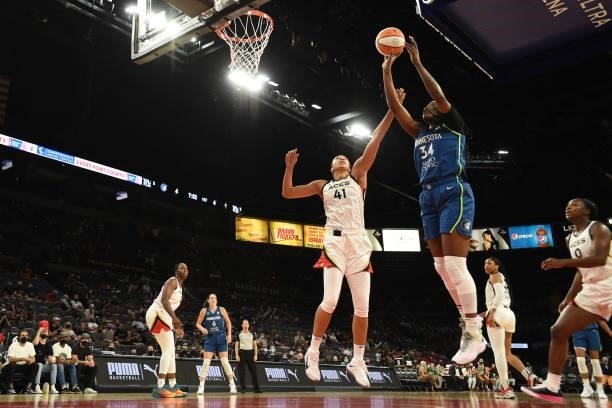 Sylvia Fowles of the Minnesota Lynx shoots the ball against the Las Vegas Aces on September 8, 2021 at the Michelob ULTRA Arena in Las Vegas, Nevada....